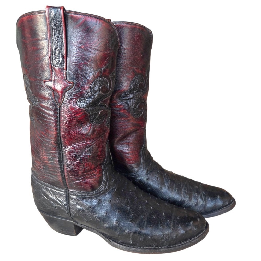Vtg Lucchese Ostrich Cowboy Boots Mens 10.5 B Black Cherry Full Quill Made USA